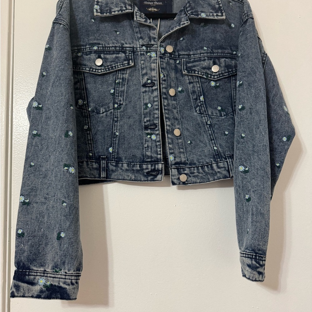 Ashley Vintage Charm Floral Blue and Green Cropped Jean Jacket
